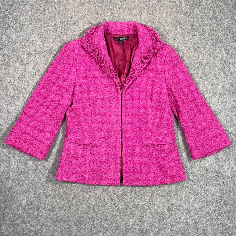 Lafayette 148 Fuchsia Pink Tweed Fringed Hook & Eye Blazer Jacket Women's Size 4
